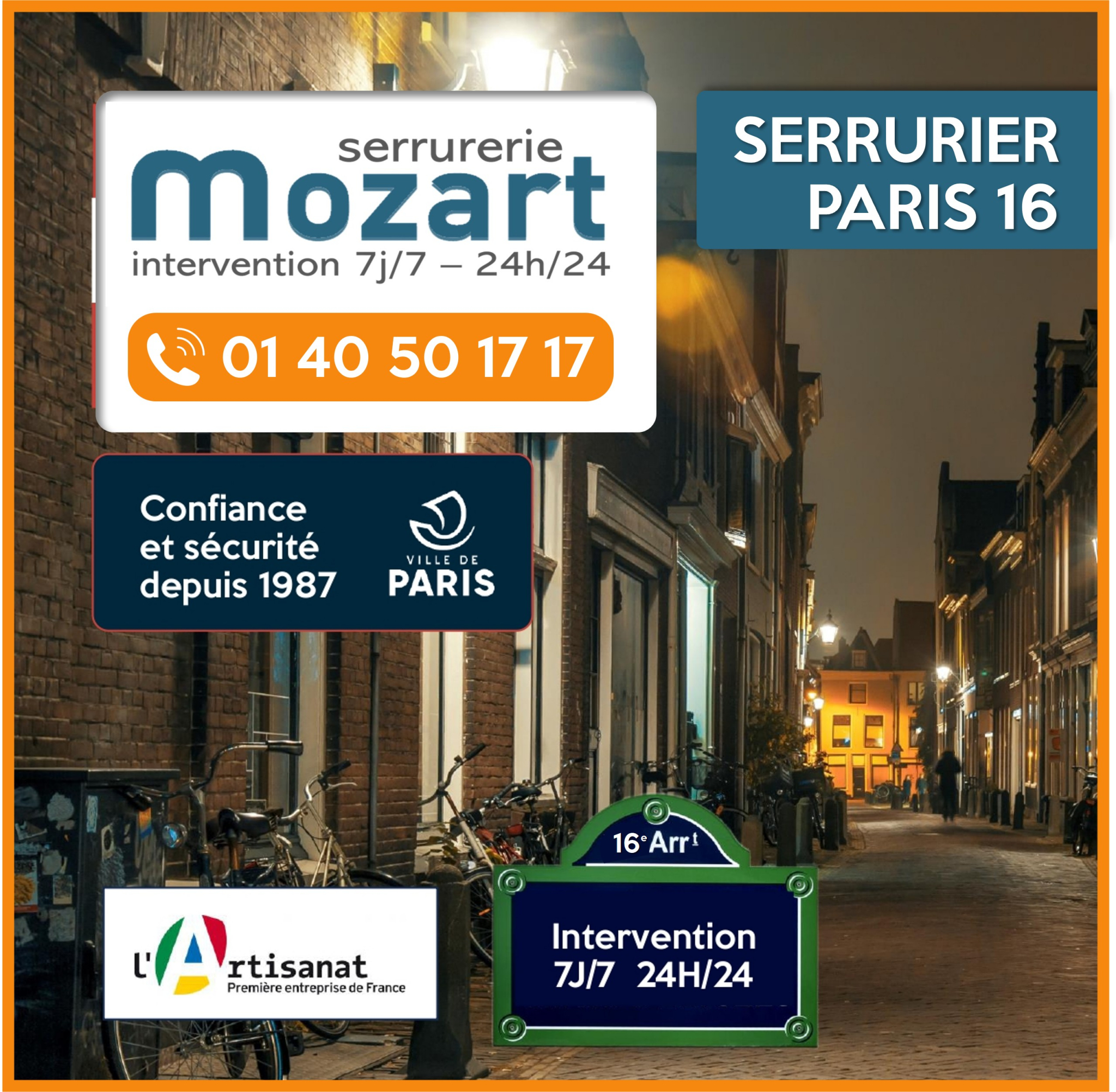 Serrurerie Mozart - Sécurité renforcée - Paris 16 - 01 40 50 17 17